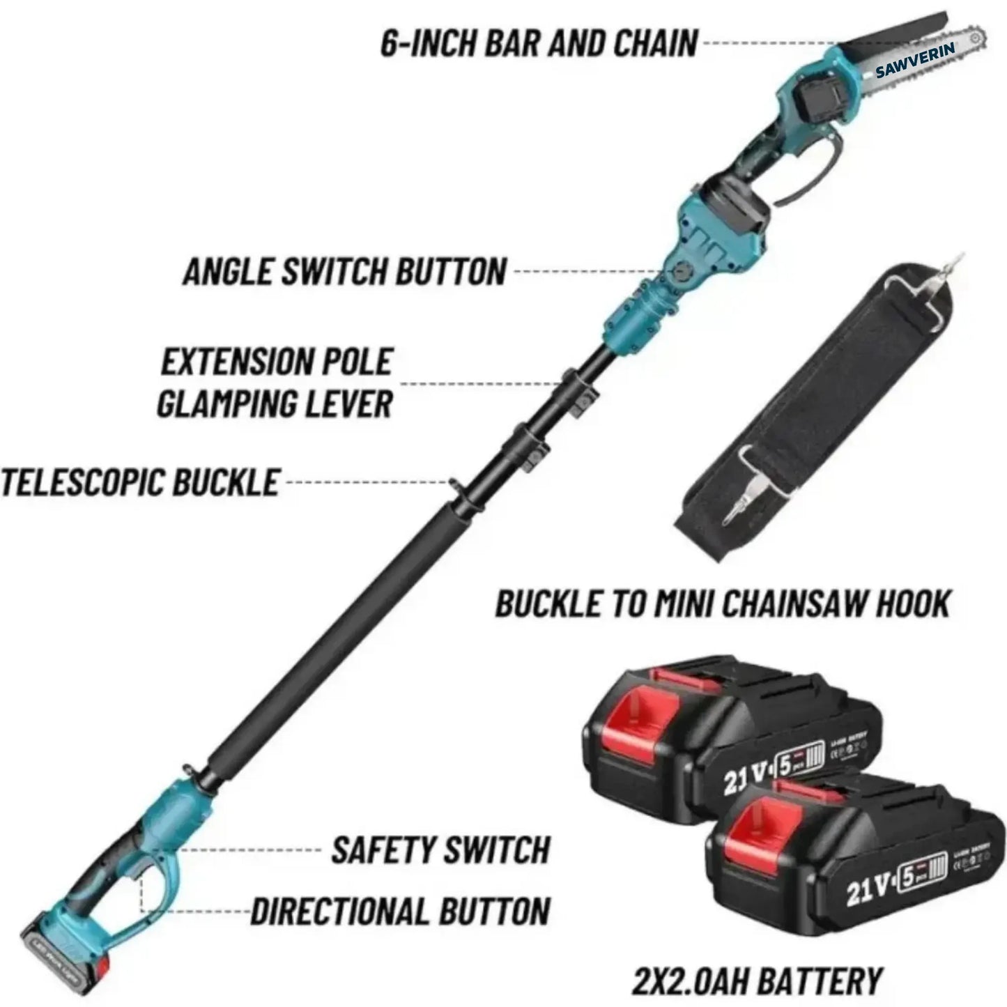 Sawverin RX3 Pro - 2-in-1 Cordless Telescopic Pole Chainsaw & Chainsaw (6 inch) + FREE Battery + Charger